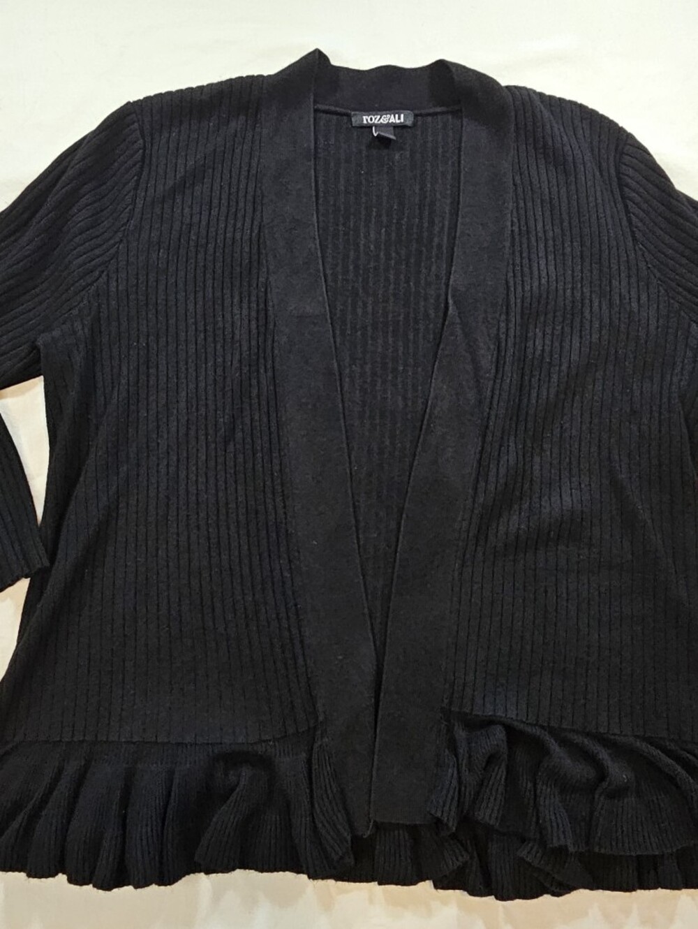 Roz & Ali Black Ribbed Open Cardigan with Ruffle Hem